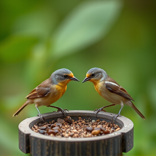 Small garden birds feeding together