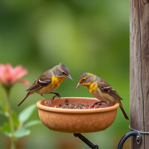 Small garden birds feeding together