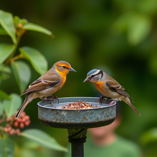 Small garden birds feeding together