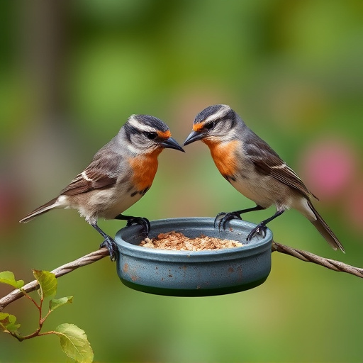 Small garden birds feeding together