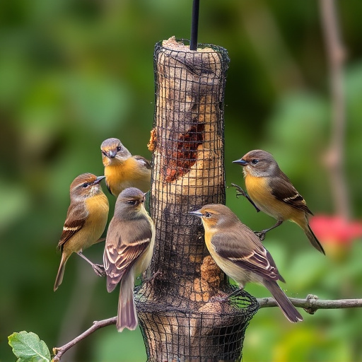 Small garden birds gathered around suet