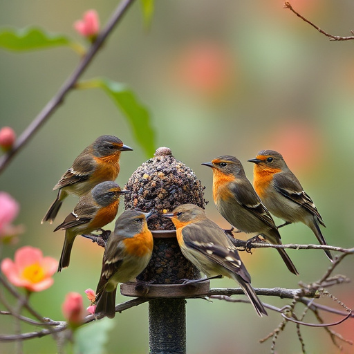 Small garden birds gathered around suet