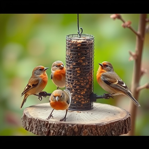Small garden birds gathered around suet