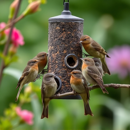Small garden birds gathered around suet