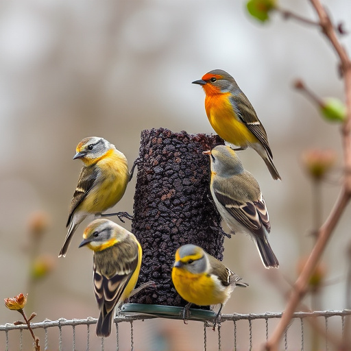 Small garden birds gathered around suet