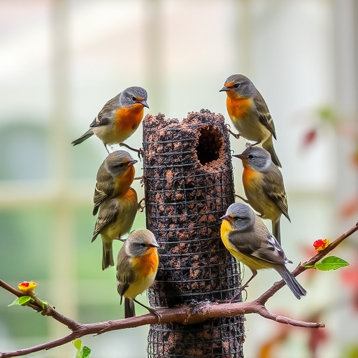 Small garden birds gathered around suet