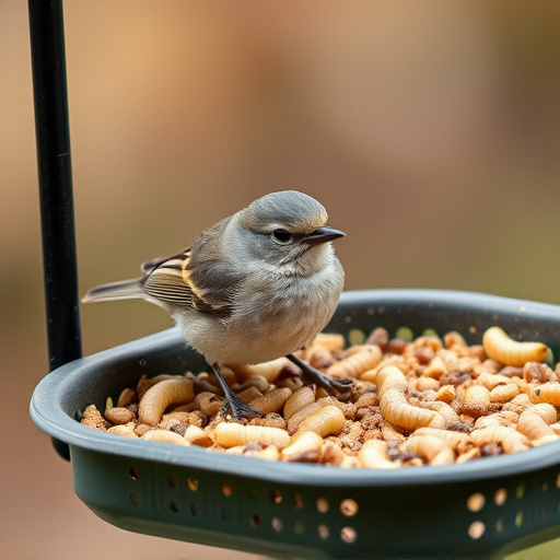 Small songbird feeding on mealworm tray