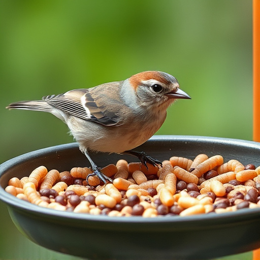 Small songbird feeding on mealworm tray