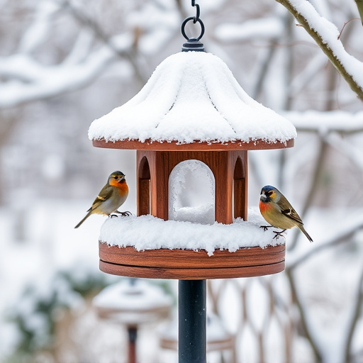Snow-covered weatherproof bird feeder scene