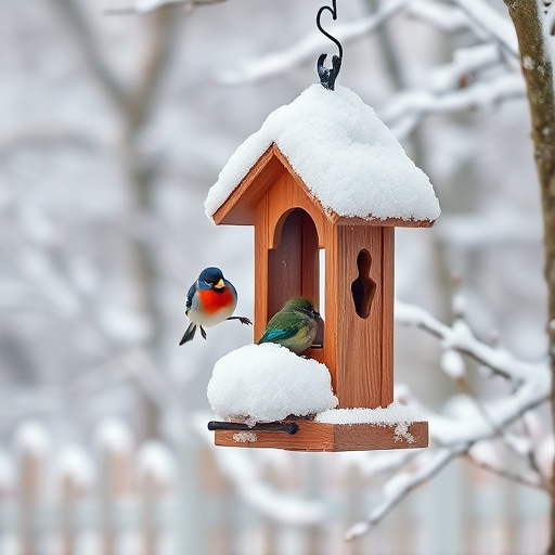 Snow-covered weatherproof bird feeder scene