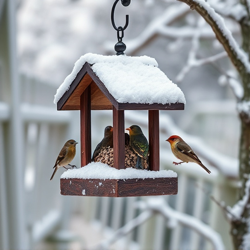 Snow-covered weatherproof bird feeder scene