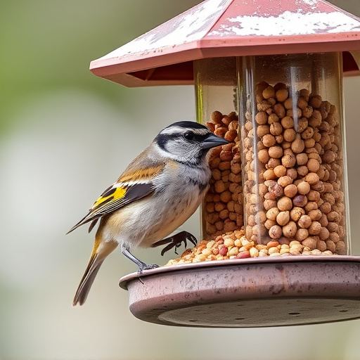 Sparrow clinging to hanging fat ball feeder