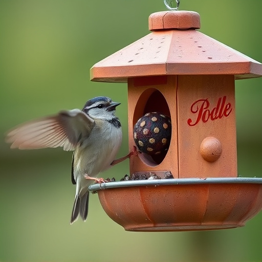 Sparrow clinging to hanging fat ball feeder