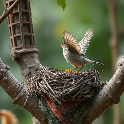 Sparrow leaving an abandoned nest