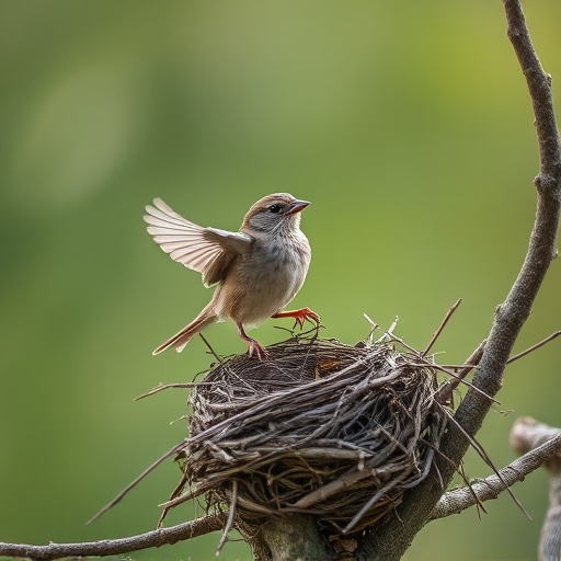Sparrow leaving an abandoned nest