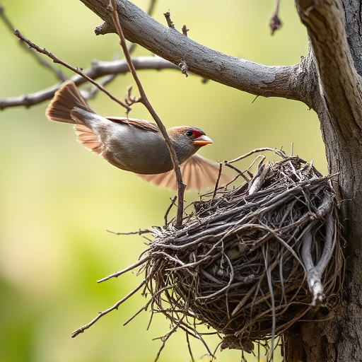 Sparrow leaving an abandoned nest