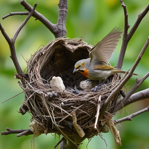 Sparrow leaving an abandoned nest