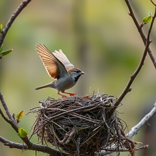 Sparrow leaving an abandoned nest