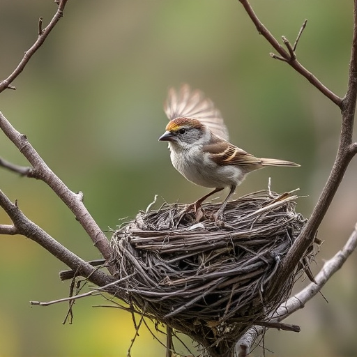 Sparrow leaving an abandoned nest
