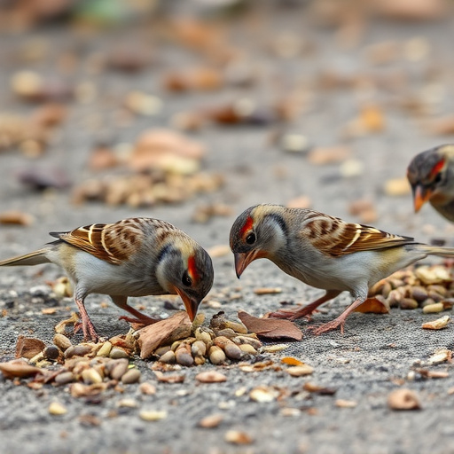Sparrows eating seeds on ground