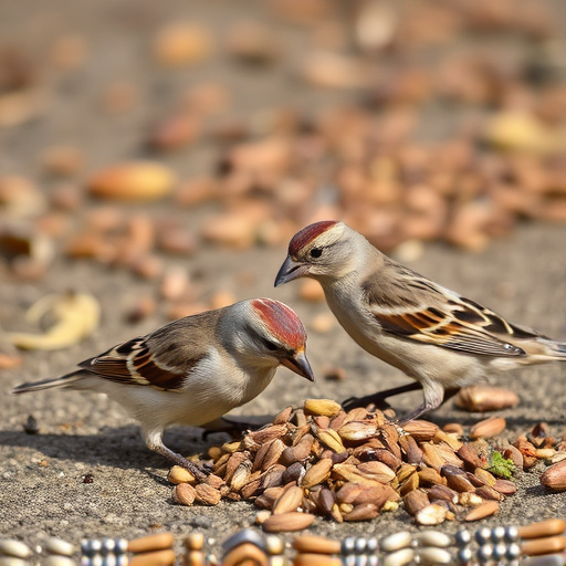 Sparrows eating seeds on ground