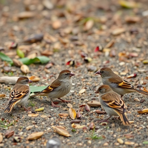 Sparrows eating seeds on ground