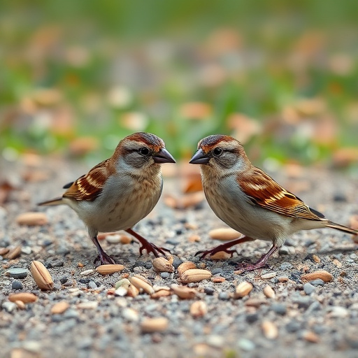 Sparrows eating seeds on ground