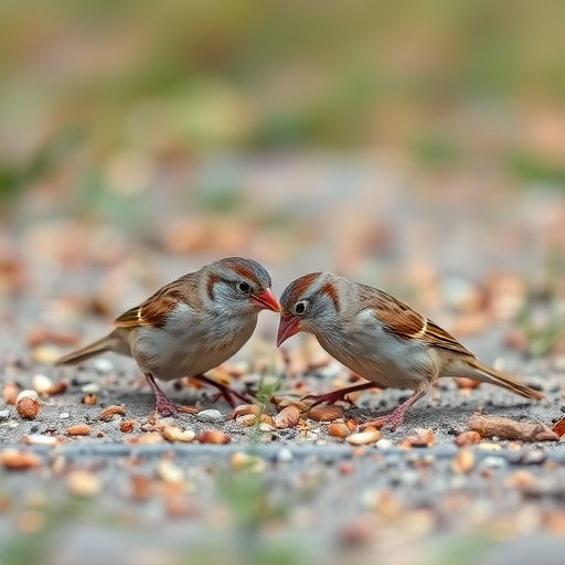 Sparrows eating seeds on ground