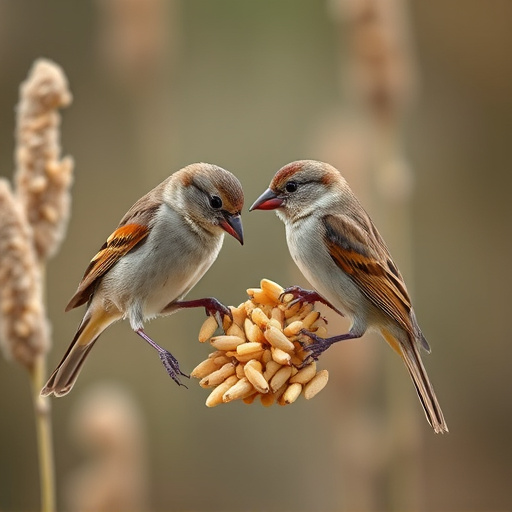 Sparrows feeding on millet seeds