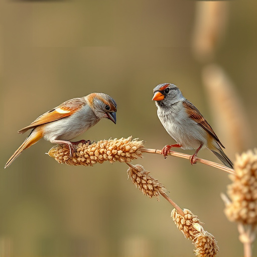 Sparrows feeding on millet seeds