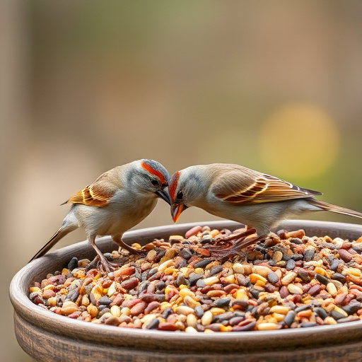 Sparrows feeding on seed mix