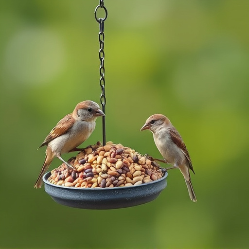 Sparrows feeding on seed mix
