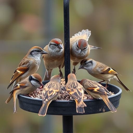 Sparrows gathering around seed tray