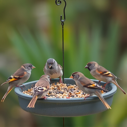 Sparrows gathering around seed tray