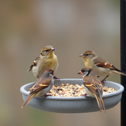 Sparrows gathering around seed tray