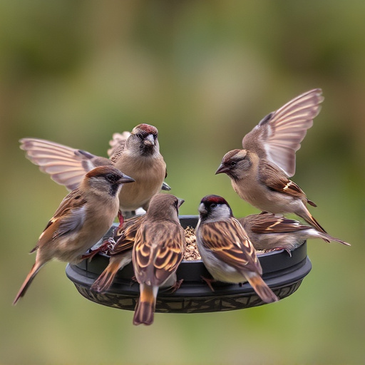 Sparrows gathering around seed tray