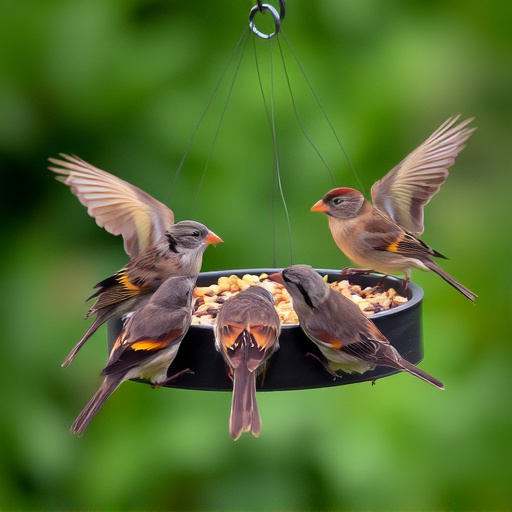 Sparrows gathering around seed tray