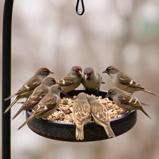 Sparrows gathering around seed tray