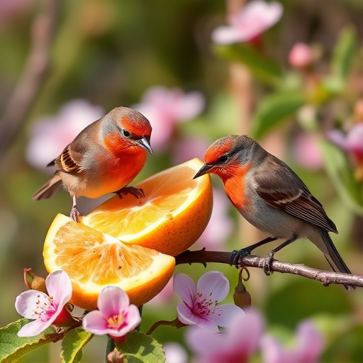 Spring garden birds eating fruit slices