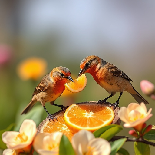 Spring garden birds eating fruit slices