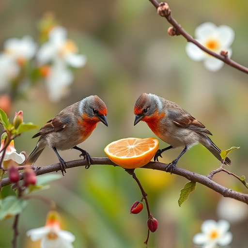 Spring garden birds eating fruit slices