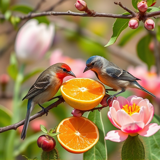 Spring garden birds eating fruit slices