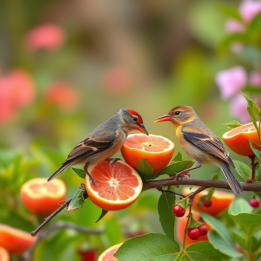 Spring garden birds eating fruit slices