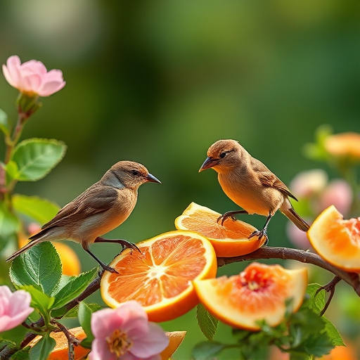 Spring garden birds eating fruit slices
