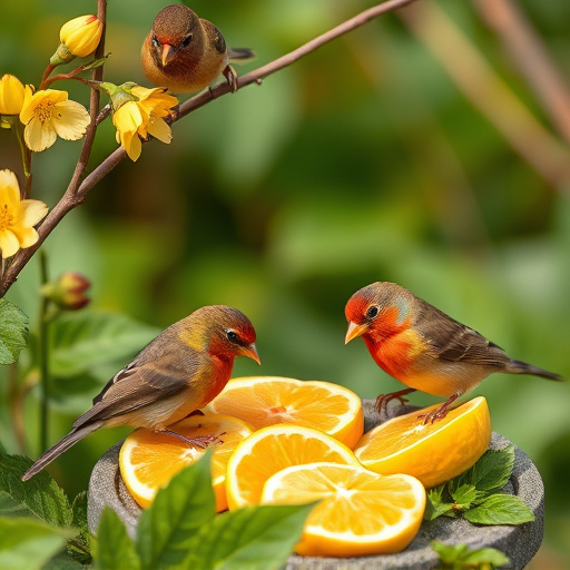 Spring garden birds eating fruit slices