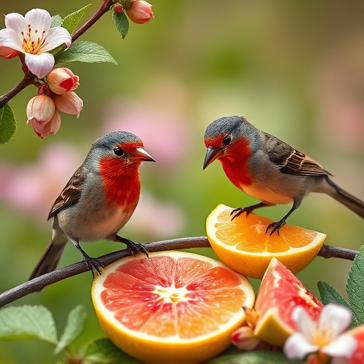 Spring garden birds eating fruit slices