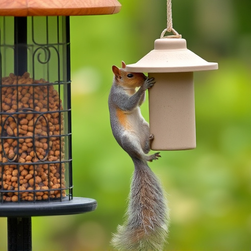 Squirrel climbing near protected bird feeder