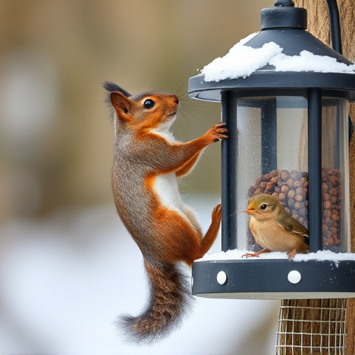 Squirrel climbing near protected bird feeder