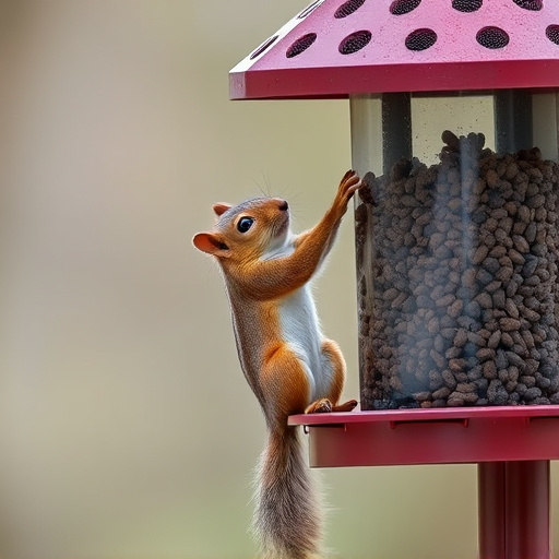 Squirrel climbing near protected bird feeder