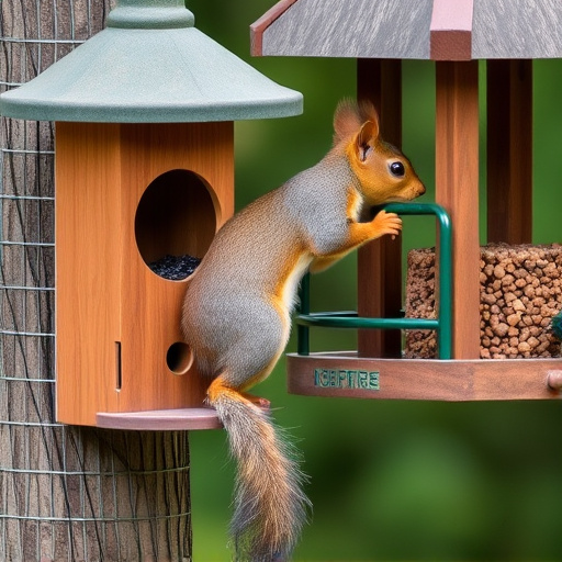 Squirrel climbing near protected bird feeder